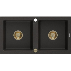 Mexen Mario   Chiuveta bucatarie granit 2 cuva+ cadou pop up sifon  820 x 436 mm, negru / auriu, sifon  auriu  - 6504822000-75-G 2 Cuva 467680 Mexen