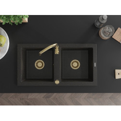 Mexen Mario   Chiuveta bucatarie granit 2 cuva+ cadou pop up sifon  820 x 436 mm, negru / auriu, sifon  auriu  - 6504822000-75-G