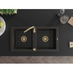 Mexen Mario   Chiuveta bucatarie granit 2 cuva+ cadou pop up sifon  820 x 436 mm, negru / auriu, sifon  auriu  - 6504822000-75-G