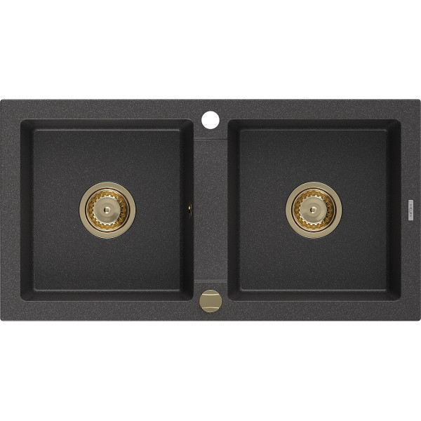 Mexen Mario   Chiuveta bucatarie granit 2 cuva+ cadou pop up sifon  820 x 436 mm, negru  piatra, sifon  auriu  - 6504822000-76-G
