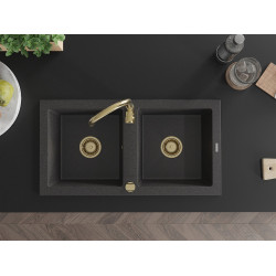 Mexen Mario   Chiuveta bucatarie granit 2 cuva+ cadou pop up sifon  820 x 436 mm, negru  piatra, sifon  auriu  - 6504822000-76-G