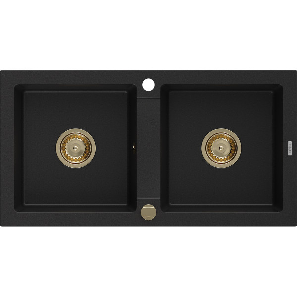 Mexen Mario   Chiuveta bucatarie granit 2 cuva+ cadou pop up sifon  820 x 436 mm, negru , sifon  auriu  - 6504822000-77-G
