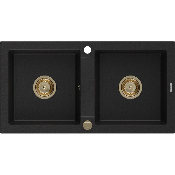 Mexen Mario   Chiuveta bucatarie granit 2 cuva+ cadou pop up sifon  820 x 436 mm, negru , sifon  auriu  - 6504822000-77-G