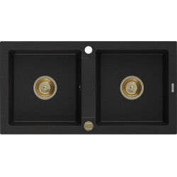 Mexen Mario   Chiuveta bucatarie granit 2 cuva+ cadou pop up sifon  820 x 436 mm, negru , sifon  auriu  - 6504822000-77-G 2 Cuva 467680 Mexen
