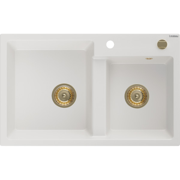 Mexen Tomas   Chiuveta bucatarie granit 2 cuva+ cadou pop up sifon  800 x 500 mm, alb , sifon  auriu  - 6516802000-20-G