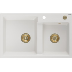 Mexen Tomas   Chiuveta bucatarie granit 2 cuva+ cadou pop up sifon  800 x 500 mm, alb , sifon  auriu  - 6516802000-20-G 2 Cuva 467680 Mexen