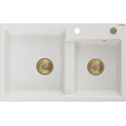 Mexen Tomas   Chiuveta bucatarie granit 2 cuva+ cadou pop up sifon  800 x 500 mm, alb , sifon  auriu  - 6516802000-20-G 2 Cuva 467680 Mexen