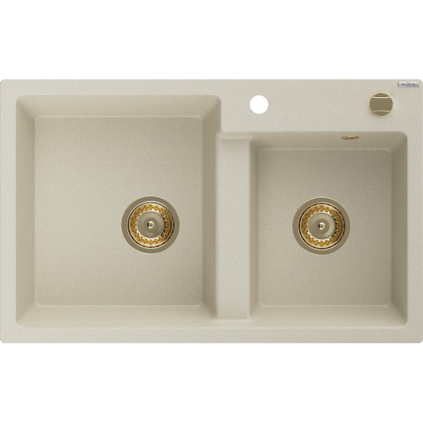 Mexen Tomas   Chiuveta bucatarie granit 2 cuva+ cadou pop up sifon  800 x 500 mm, beige, sifon  auriu  - 6516802000-69-G