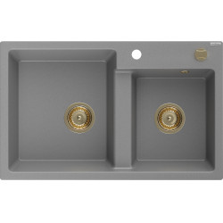 Mexen Tomas   Chiuveta bucatarie granit 2 cuva+ cadou pop up sifon  800 x 500 mm, gri , sifon  auriu  - 6516802000-71-G 2 Cuva 467680 Mexen