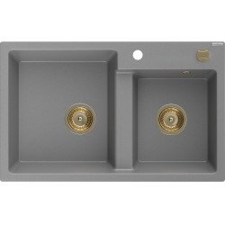 Mexen Tomas   Chiuveta bucatarie granit 2 cuva+ cadou pop up sifon  800 x 500 mm, gri , sifon  auriu  - 6516802000-71-G 2 Cuva 467680 Mexen