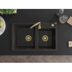 Mexen Tomas  konyhai  mosogató gránit 2 medence+ pop up sifon 800 x 500 mm, negru / auriu, sifon  auriu  - 6516802000-75-G