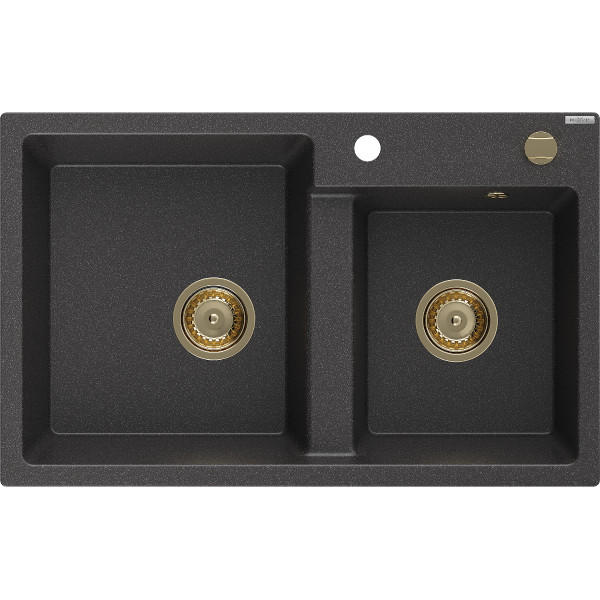 Mexen Tomas  konyhai  mosogató gránit 2 medence+ pop up sifon 800 x 500 mm, negru  piatra, sifon  auriu  - 6516802000-76-G