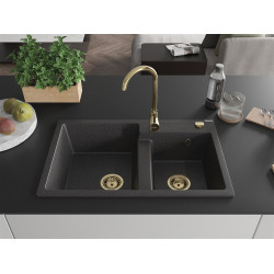 Mexen Tomas  konyhai  mosogató gránit 2 medence+ pop up sifon 800 x 500 mm, negru  piatra, sifon  auriu  - 6516802000-76-G
