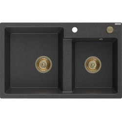 Mexen Tomas  konyhai  mosogató gránit 2 medence+ pop up sifon 800 x 500 mm, negru  piatra, sifon  auriu  - 6516802000-76-G 2 Cuva 467680 Mexen