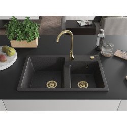Mexen Tomas  konyhai  mosogató gránit 2 medence+ pop up sifon 800 x 500 mm, negru  piatra, sifon  auriu  - 6516802000-76-G