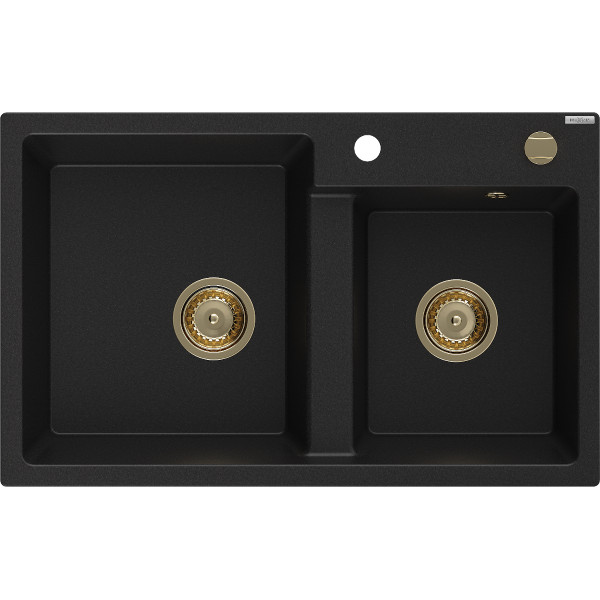Mexen Tomas  konyhai  mosogató gránit 2 medence+ pop up sifon 800 x 500 mm, negru , sifon  auriu  - 6516802000-77-G