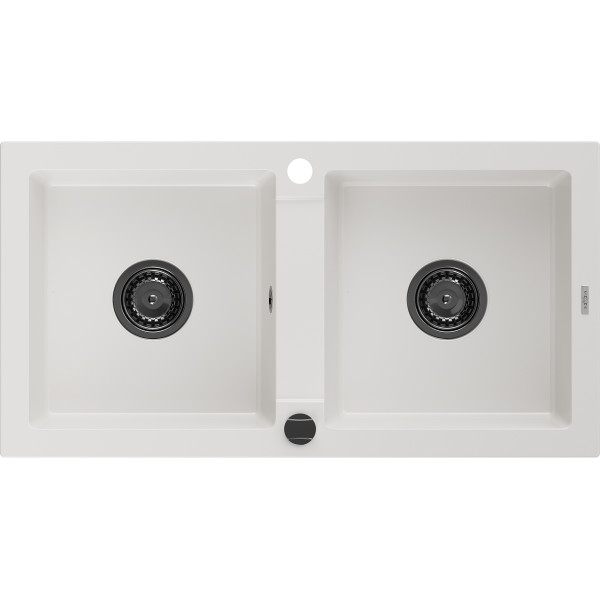 Mexen Mario   Chiuveta bucatarie granit 2 cuva+ cadou pop up sifon  820 x 436 mm, alb , sifon  negru  - 6504822000-20-B