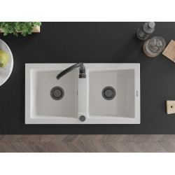 Mexen Mario   Chiuveta bucatarie granit 2 cuva+ cadou pop up sifon  820 x 436 mm, alb , sifon  negru  - 6504822000-20-B