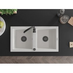 Mexen Mario   Chiuveta bucatarie granit 2 cuva+ cadou pop up sifon  820 x 436 mm, alb , sifon  negru  - 6504822000-20-B