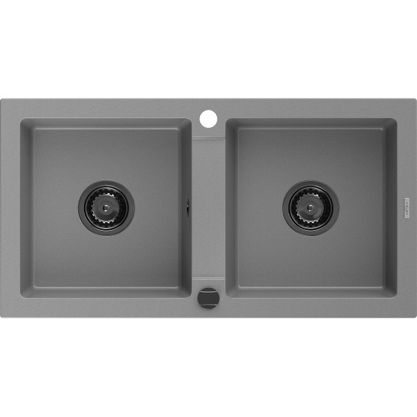 Mexen Mario   Chiuveta bucatarie granit 2 cuva+ cadou pop up sifon  820 x 436 mm, gri , sifon  negru  - 6504822000-71-B