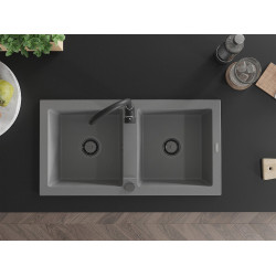 Mexen Mario   Chiuveta bucatarie granit 2 cuva+ cadou pop up sifon  820 x 436 mm, gri , sifon  negru  - 6504822000-71-B