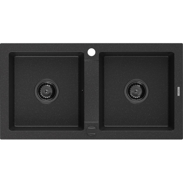 Mexen Mario   Chiuveta bucatarie granit 2 cuva+ cadou pop up sifon  820 x 436 mm, negru / chrom, sifon  negru  - 6504822000-73-B
