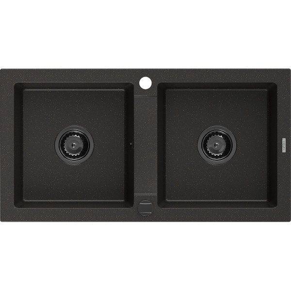 Mexen Mario   Chiuveta bucatarie granit 2 cuva+ cadou pop up sifon  820 x 436 mm, negru / auriu, sifon  negru  - 6504822000-75-B