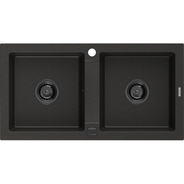 Mexen Mario   Chiuveta bucatarie granit 2 cuva+ cadou pop up sifon  820 x 436 mm, negru / auriu, sifon  negru  - 6504822000-75-B