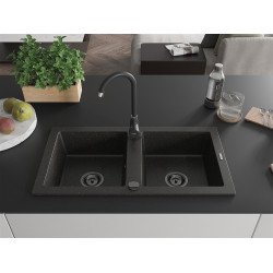 Mexen Mario   Chiuveta bucatarie granit 2 cuva+ cadou pop up sifon  820 x 436 mm, negru / auriu, sifon  negru  - 6504822000-75-B