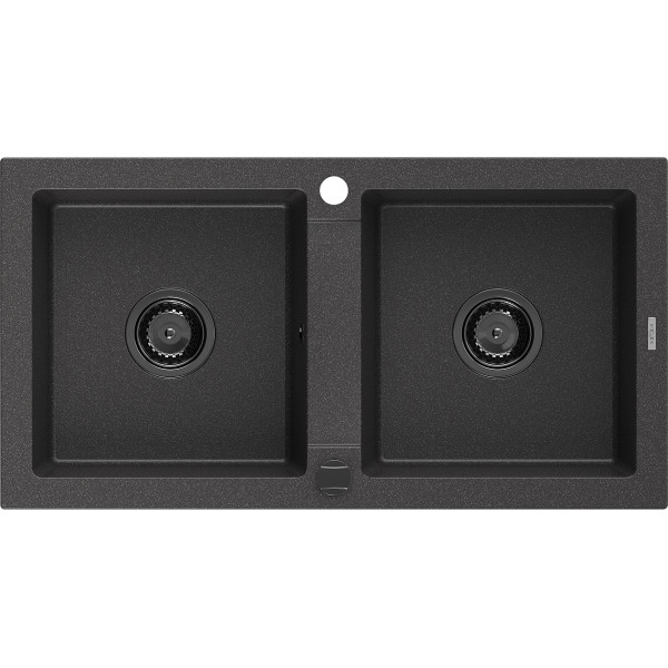 Mexen Mario   Chiuveta bucatarie granit 2 cuva+ cadou pop up sifon  820 x 436 mm, negru  piatra, sifon  negru  - 6504822000-76-B