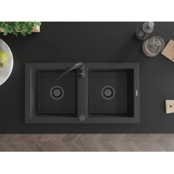 Mexen Mario   Chiuveta bucatarie granit 2 cuva+ cadou pop up sifon  820 x 436 mm, negru  piatra, sifon  negru  - 6504822000-76-B