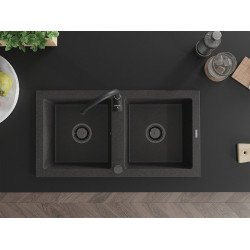Mexen Mario   Chiuveta bucatarie granit 2 cuva+ cadou pop up sifon  820 x 436 mm, negru  piatra, sifon  negru  - 6504822000-76-B