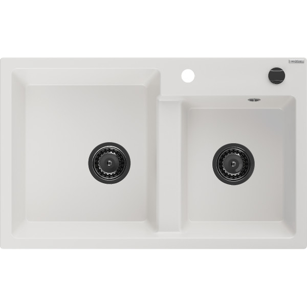 Mexen Tomas   Chiuveta bucatarie granit 2 cuva+ cadou pop up sifon  800 x 500 mm, alb , sifon  negru  - 6516802000-20-B